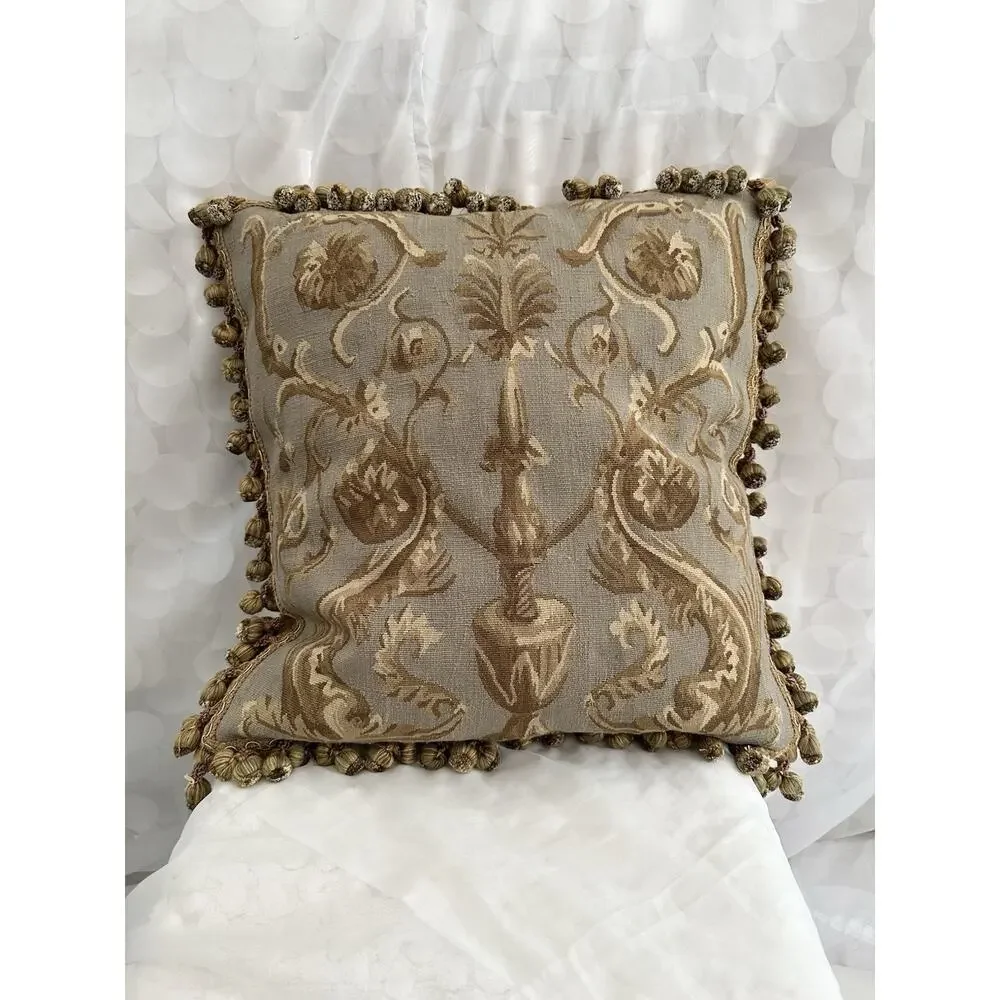 Vintage Aubusson Pineapple tapesty pillow Rococo Square Gold Grey Velvet 24”